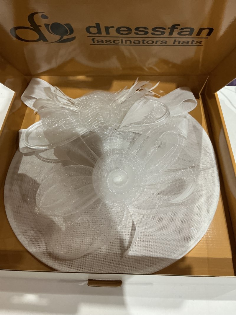Condition photo showing New/Like New for dressfan wide brim fascinator derby hats for women,20s detachable flower hat with headband for derby church wedding tea party white