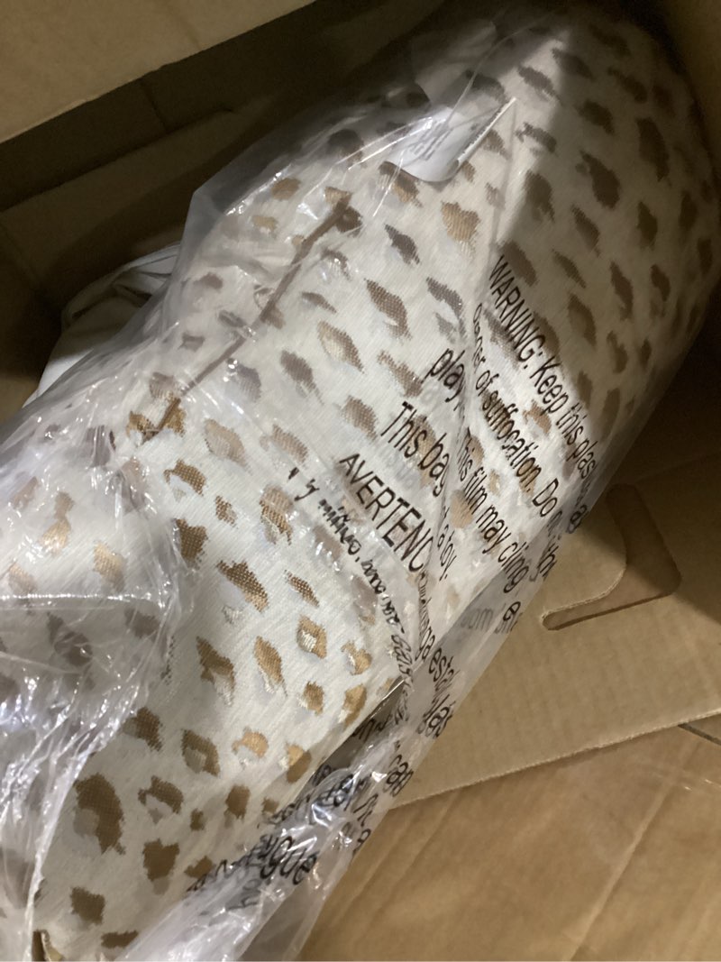 Condition photo showing Good Condition for home decor collection 8" x 20" tan woven leopard bolster decorative pillow