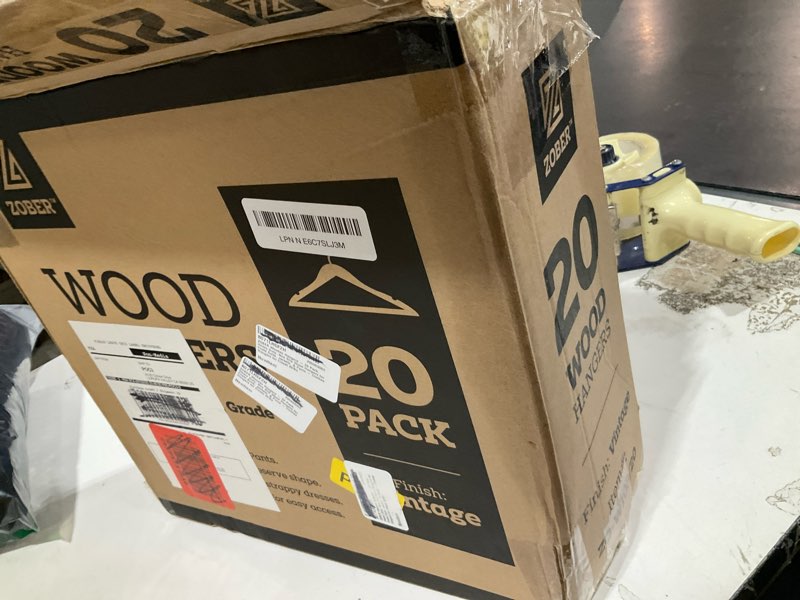 Condition photo showing As Is for zober wooden hangers - heavy duty, non slip wood hangers for coats, jackets, suits, & pants - coat hangers for closet w/bar and notches 20 pack vintage 20 pack