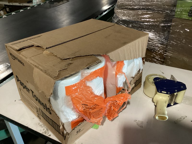Condition photo showing As Is for amazon basics 2-ply flex-sheets paper towels, 6 rolls = 20 regular rolls, 150 sheets per roll, everyday value   !!!!!!!!!!!!damaged!!!!!!!!!!!!