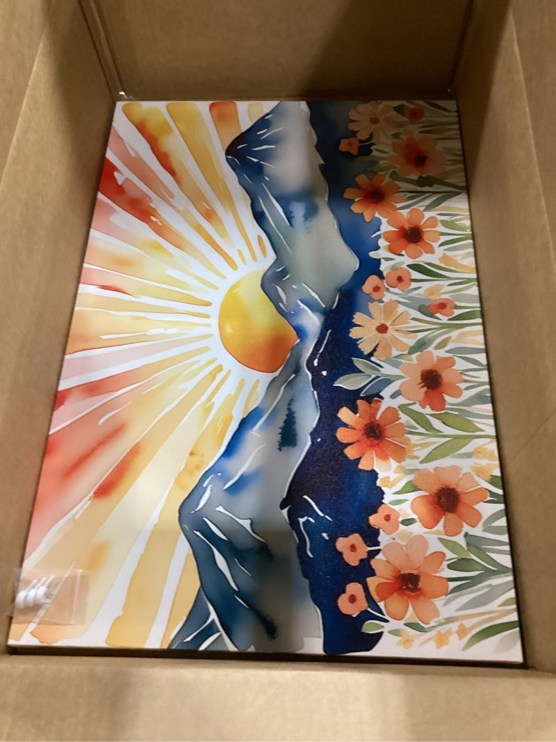 Condition photo showing New/Like New for boho sun canvas wall art mid-century modern abstract bohemian sunset in the mountains watercolor wildflowers sunrise landscape picture wall decor poster print artwork for living room bedroom canvas 24"l x 16"w