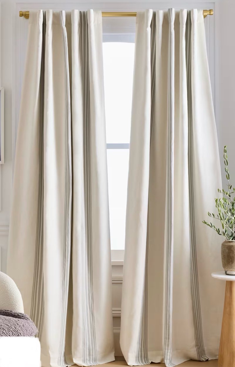 coastal stripe linen cotton room darkening curtain 48”x84” ivory/sage green