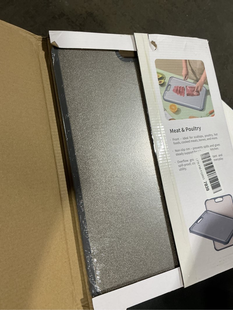 Condition photo showing New/Like New for stainless steel cutting board for kitchen with lip, large metal chopping board with counter edge, dishwasher safe non-slip pastry board for meat vegetables & baking(18x14)