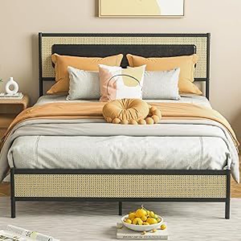 resllowe rattan style bed frame full size metal platform frame with soft leather sponge wrapping hea