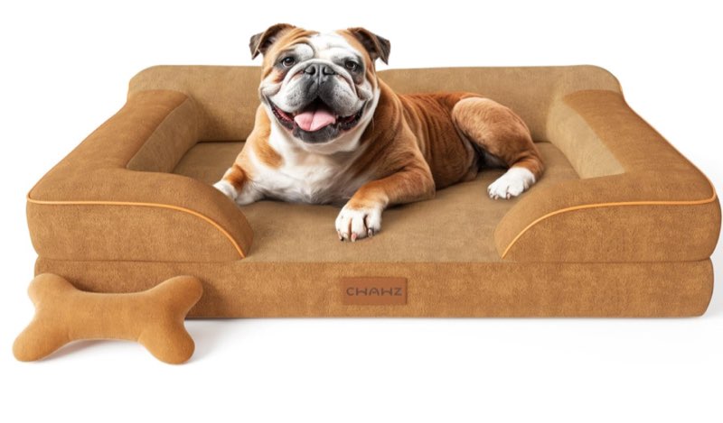 (Incomplete) Dog Beds for Large Dogs, Orthopedic Dog Bed with Cooling Gel Memory Foam, Waterproof Large Pet Bed with Removable Washable Cover, 36\" Pet Sofa Couch Dutch Velvet with Bone Toy, Brown