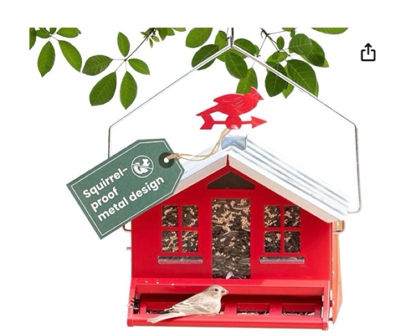 perky-pet squirrel-be-gone ii country house bird feeder with weathervane - 8 lb seed capacity - squirrel proof wild bird feeder for outdoors - durable construction - rustic outdoor decor - 338, red