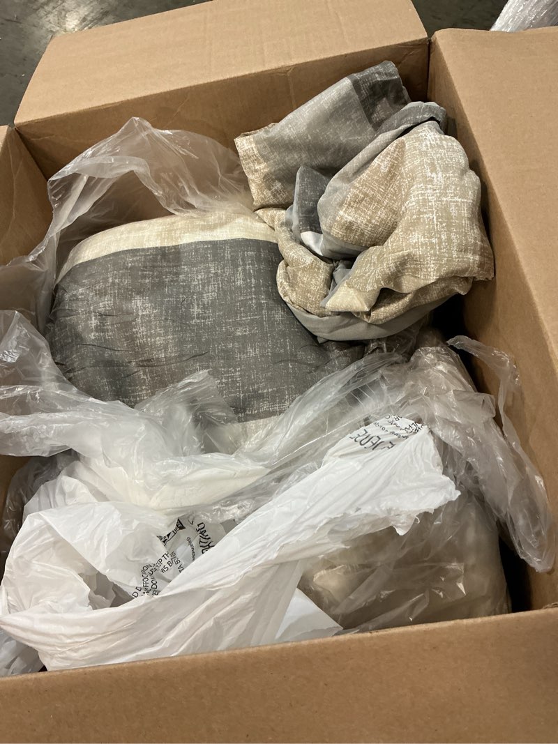 Condition photo showing As Is for Madison Park Essentials Full Comforter Set, Bed in A Bag Comforter & Sheet Set, Modern Casual Stripes Print, All Seasons, Soft Microfiber Bedding Makeover, Matching Shams, Full Taupe/Grey 7 Piece Taupe/Grey Full