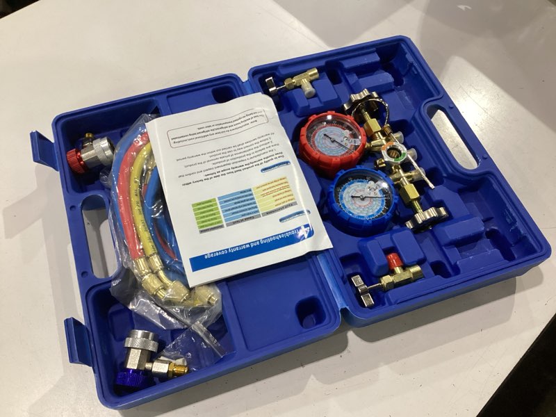 Condition photo showing New/Like New for calpose 3 way ac manifold gauge set for r134a r410a refrigerant | 3 valve ac gauge set with 5ft hoses, anti-collision dials provide accurate reading, made of aluminum body and brass fittings