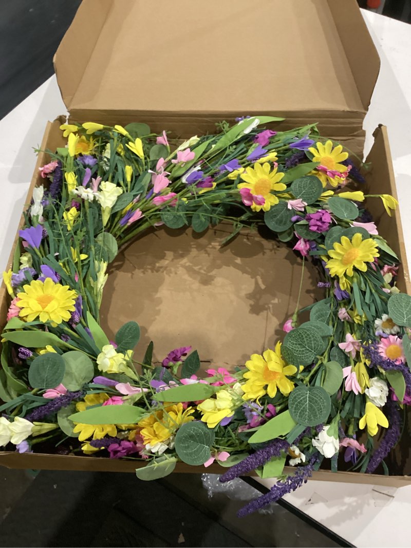 Condition photo showing Good Condition for j'floru spring wreath 24 inch summer wreaths for front door artificial flower wreath with daisy and lavender for indoor outdoor and easter celebration