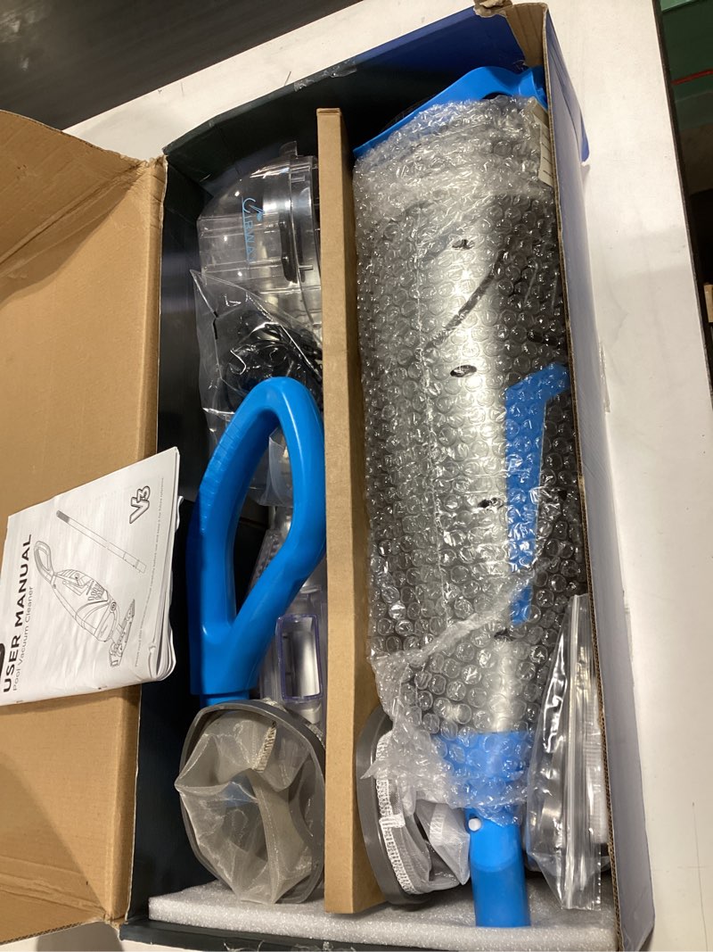 Condition photo showing As Is for uirway v3 cordless pool vacuum for above ground pools, upgraded 26.5 gpm powerful suction, ipx8 handheld rechargeable cleaner 2 vacuum heads & 4 filter bags, 1h runtime, portable for inground pools