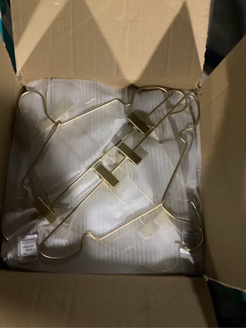 Condition photo showing New/Like New for Premium 16.5” Matte Gold Metal Clothes Clips Hangers, Heavy Duty Skirt Slack Hangers, Metal Rack for Trousers Non Slip Clips, Clothes Hanger Display and Storage, 30 Pack