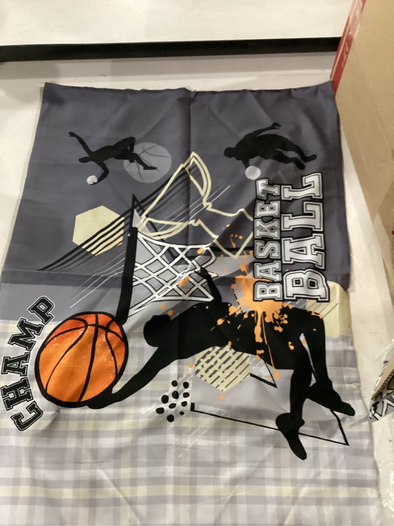 Condition photo showing As Is for a nice night basketball themed full bed gary comforter sets for boys teens | 6pc kids comforter with sheet set,sportsman slam dunk printed, bed-in-a-bag bedding collections,ultra soft,machine washable gray full-6pcs