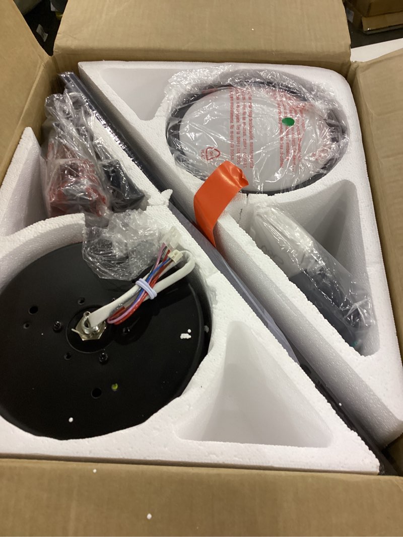 Condition photo showing New/Like New for CJOY Ceiling Fan with Lights, 52 Inch Low Profile Ceiling Fans with Light and Remote, Reversible DC, Flush Mount, 3CCT?Dimmable, Modern Indoor/Outdoor Design for Bedroom, Living Room, Patio, Kitchen Black 52 IN