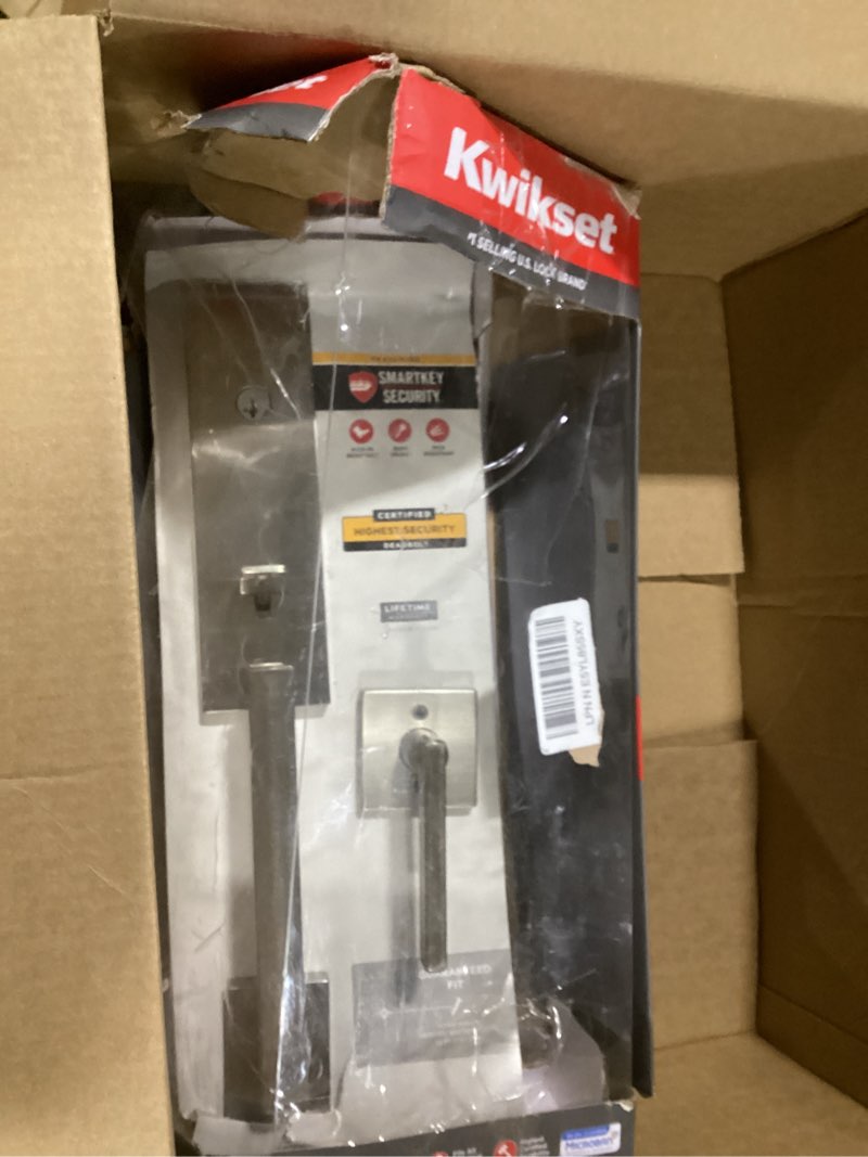 Condition photo showing As Is for kwikset san clemente front door lock handle and deadbolt set, entry handleset exterior with interior reversible lever, satin nickel, pick resistant smartkey rekey deadbolt security satin nickel with handle keyed entry
