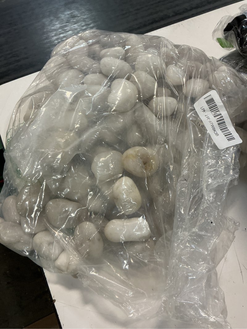Condition photo showing As Is for nupick 16lb white river rocks for outdoor landscaping, 1-2 inch pebbles for indoor plants, natural polished aquarium gravel, decorative rocks for succulent, garden, vases fillers, bird baths white 1-2"-16lb