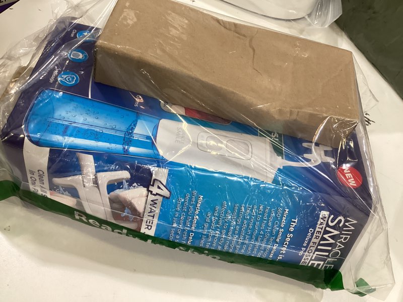 Condition photo showing Good Condition for ontel miracle smile water flosser for teeth&gum health, unique h-shaped flossing head&4 water jets, cordless water flosser features 360° cleaning&3 pressure modes, usb rechargeable dental floss, white