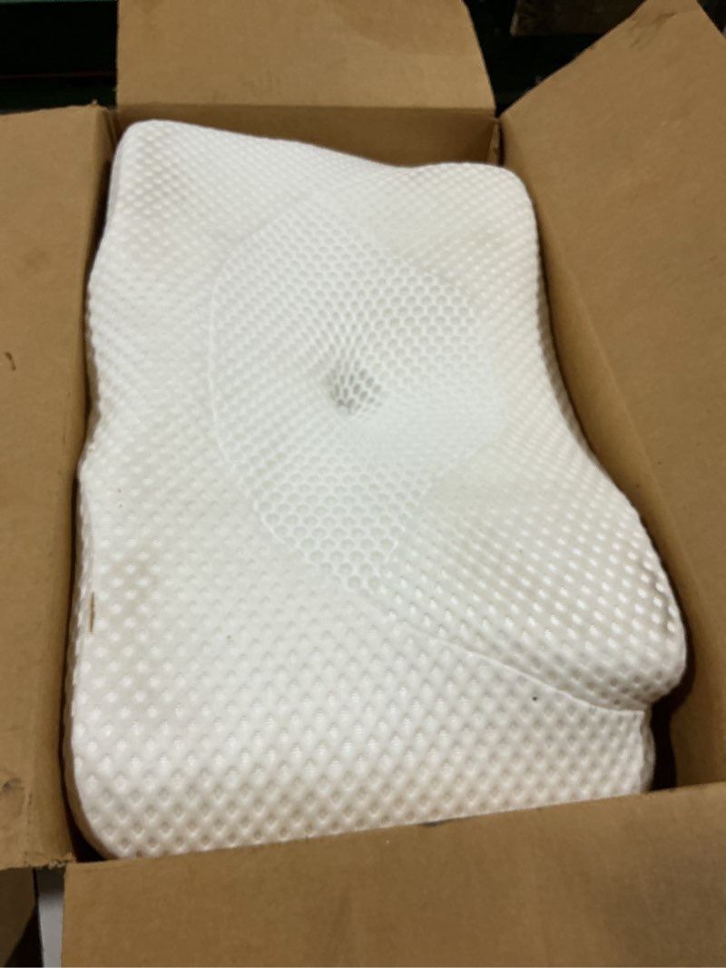 Condition photo showing As Is for osteo cervical pillow for neck pain relief, hollow design odorless memory foam pillows with cooling case, adjustable orthopedic bed pillow for sleeping, support for side back sleepers queen(25.5*16.5*5.2/4.1 inches) white
