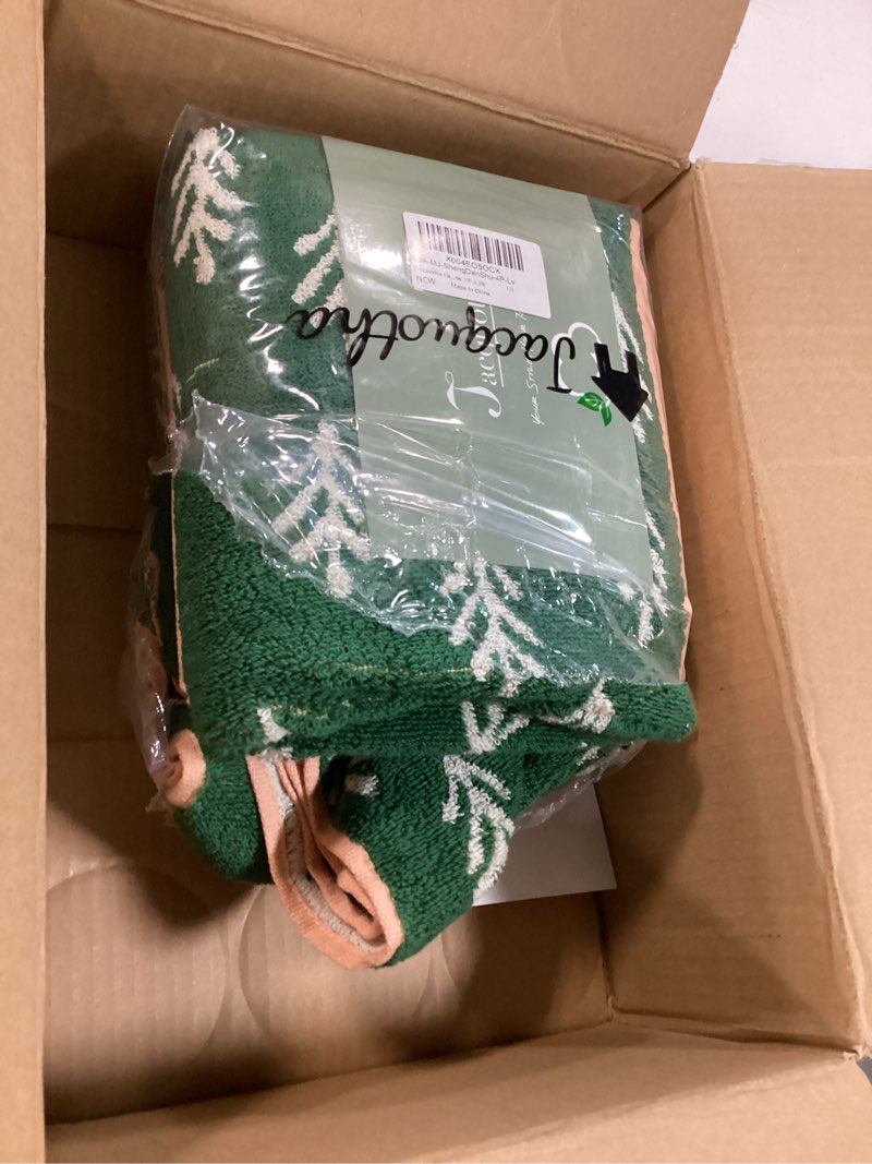 Condition photo showing Good Condition for Jacquotha Green Cotton Hand Towels for Kitchen 4 Pack, Christmas Towels Bathroom Holiday Decorations Gifts with Funny Trees, Absorbent Quick Drying Towel for Hand Face Dishes 13” x 29”