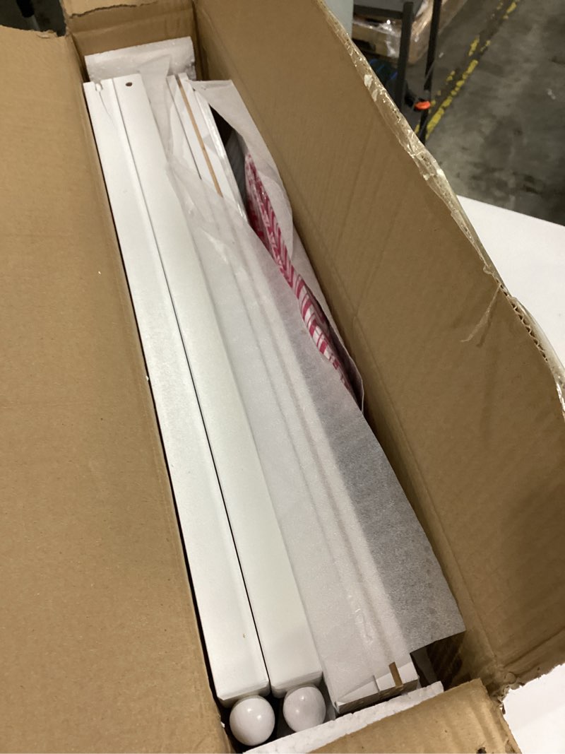 Condition photo showing As Is for Badger Basket Wooden Toy Doll Bed with Storage, Mobile, and Bedding - Includes Wheels and Free Personalization Kit to Pretend and Play - White with Pink Chevron Fabric