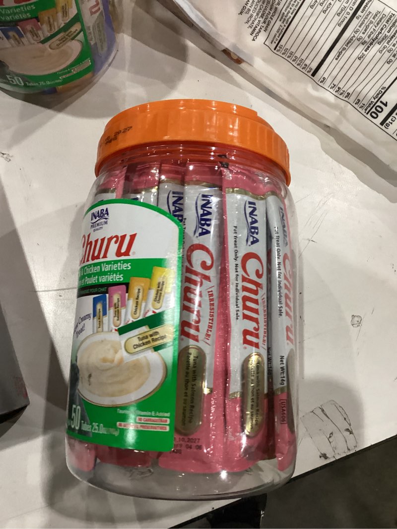Condition photo showing New/Like New for INABA Churu Cat Treats, Grain-Free, Lickable, Squeezable Creamy Purée Cat Treat/Topper with Vitamin E & Taurine, 0.5 Ounces Each Tube, 50 Tubes, Tuna & Chicken Variety Tuna and Chicken Variety 0.5 Ounce (Pack of 50)