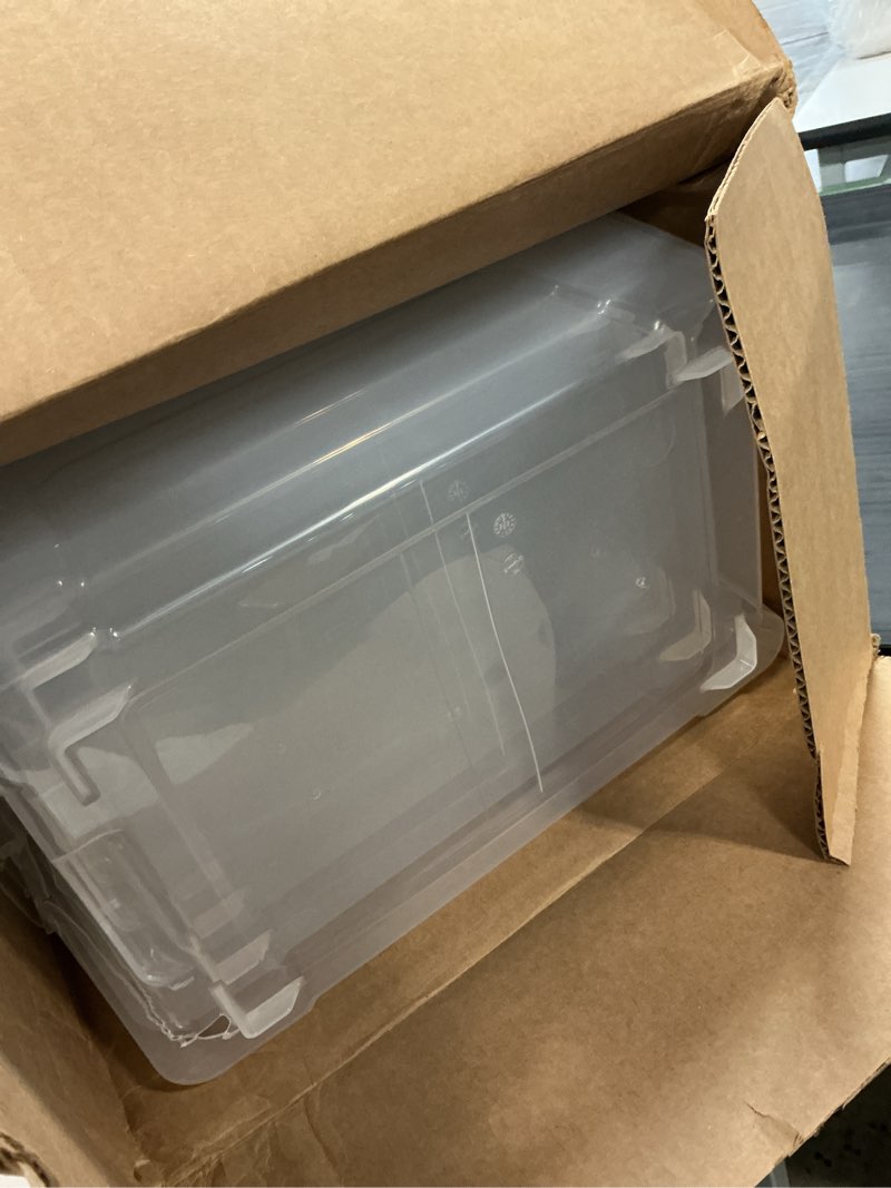 Condition photo showing As Is for iris usa 13 qt plastic storage box with lid and latches - 6 pack - bpa-free, see-through organizing solution, durable nestable stackable containers, secure pull handle - clear clear 13 qt 6 pack