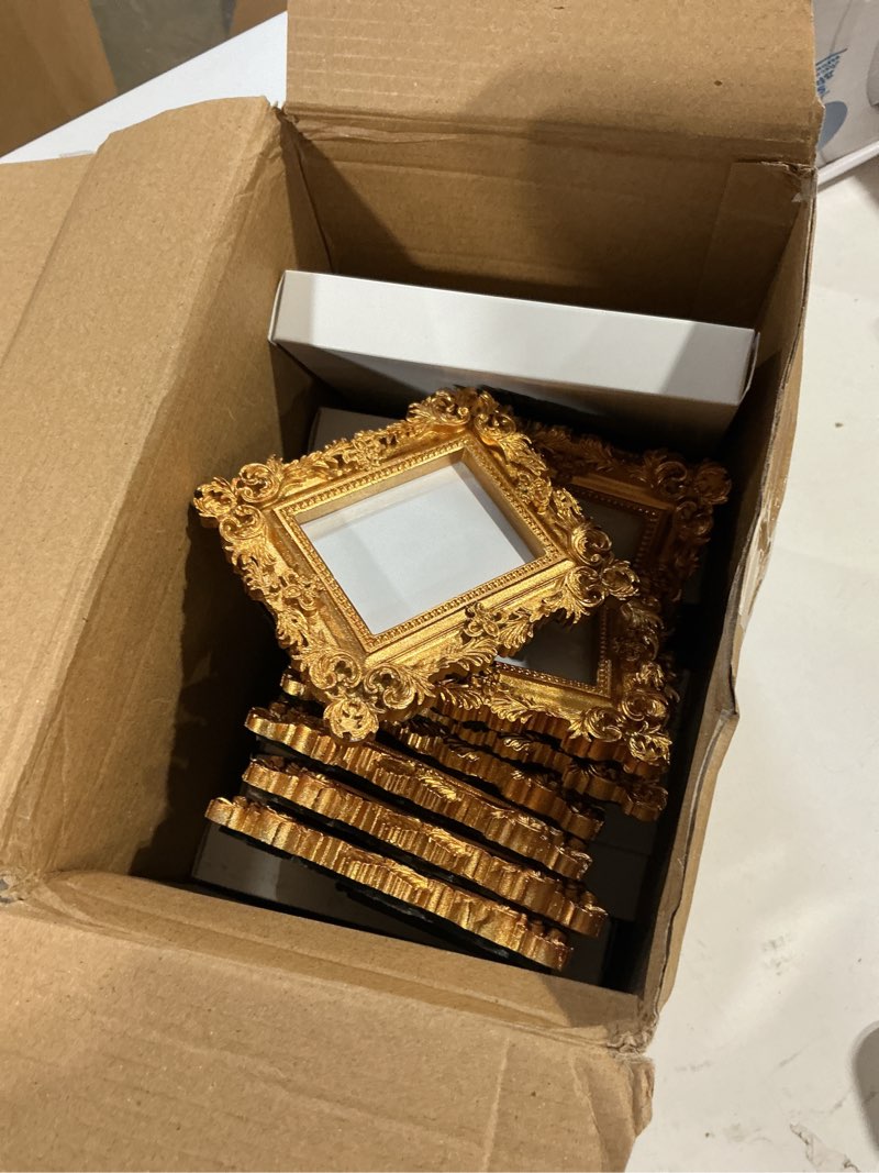 Condition photo showing Good Condition for aceorbit 20 pcs 2x3 inch mini gold picture frames for wedding small victorian vintage antique ornate retro baroque photo frame pack with backboard for wall hanging tabletop display decor (square) 20 square