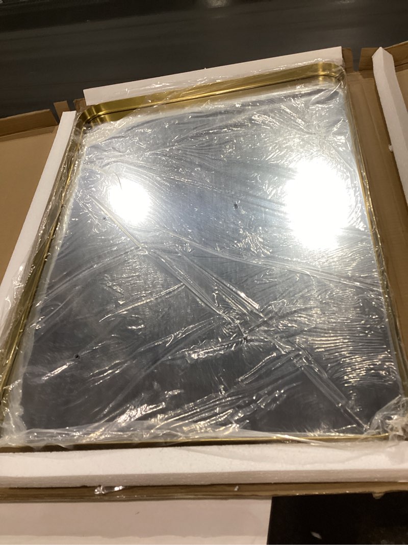 Condition photo showing New/Like New for VooBang Bathroom Mirror 24x32 inch, Gold Gorgeous Deep Frame Wall Mirror, Modern Round Corner Bathroom Vanity Mirror for Bedroom, Living Room, Hanging or Leaning Horizontal or Vertical, Gold Gold 32"L x 24"W