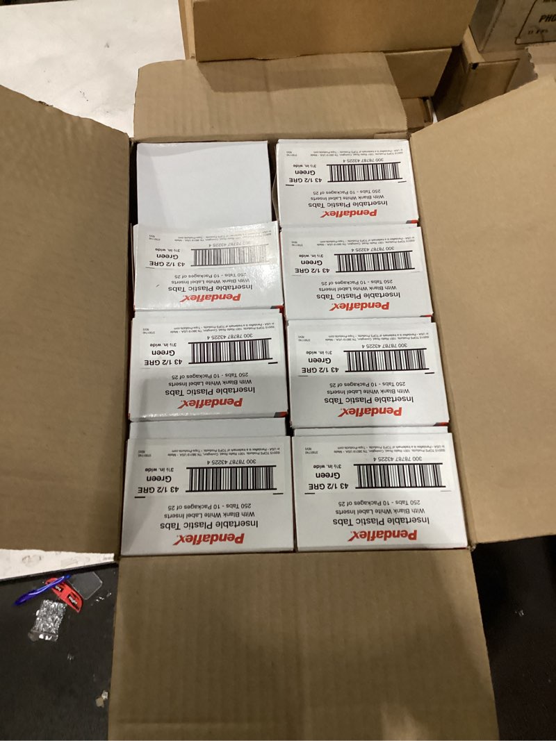 Condition photo showing New/Like New for 10 boxes pendaflex hanging folder tabs, 2\", clear green, 25 tabs and inserts per pack (42 gre) green pack of 1 (2 inches)