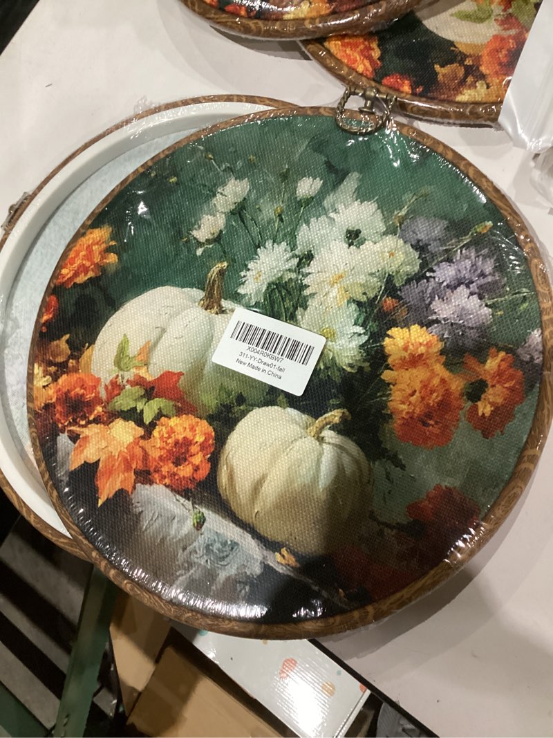 Condition photo showing New/Like New for BitKAM Fall Pumpkin Round Wall Art Decor, Autumn Harvest Glitter Pumpkin Canvas Prints Framed, Rustic Cozy Fall Thanksgiving Wall Hanging Decorations for Home Bedroom, 10x10 Inch Wall Sculptures Pumpkin-1