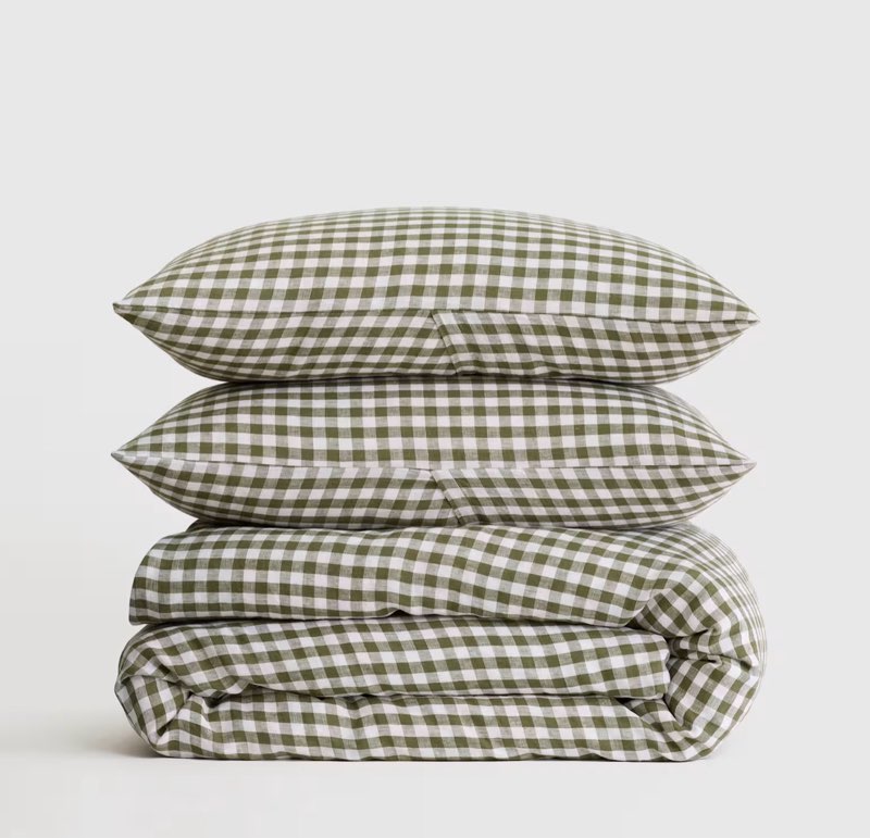 quince european linen gingham duvet cover set king/cal king olive
