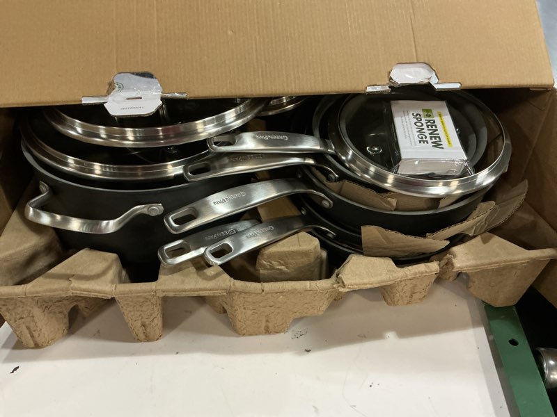 Condition photo showing Good Condition for GreenPan Chatham Hard Anodized Healthy Ceramic Nonstick 10 Piece Cookware Pots and Pans Set, Frying Pan Skillets, Saucepans, Saute Pan, Stockpot, Lids, PFAS-Free, Dishwasher & Oven Safe, Gray 10 Piece Cookware Pots and Pans Set Gray