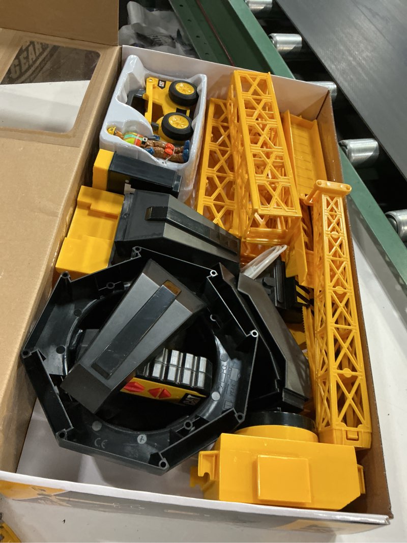 Condition photo showing As Is for cat construction workforce jumbo tower crane set, 50-inch rc crane toy with 360-degree rotation, hook and wrecking ball, light, skid steer and 4" figure, usb rechargeable, ages 5+ workforce jumbo crane