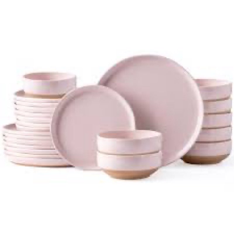 AmorArc Ceramic Dinnerware Sets for 8, 24 Pieces Handpainted Speckled Plates and Bowls Set with Rustic Terracotta Underside, Scratch Resistant Stoneware Dishes Set, Dishwasher & Microwave Safe, Pink