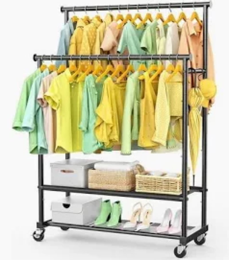 double rods clothes rack for hanging clothes, heavy duty rolling clothing rack with wheels, freestan
