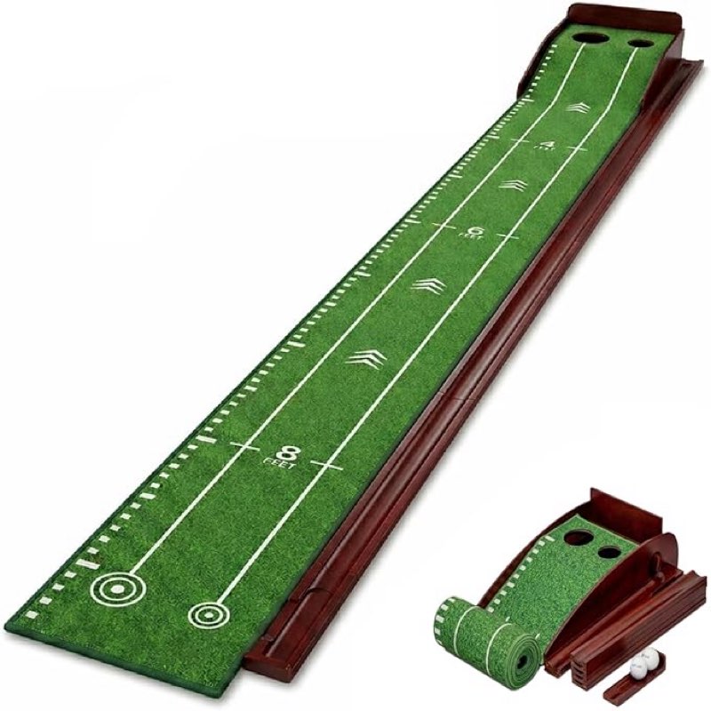 putting green indoor with automatic ball return – golf putting mat with putter holder, 2 golf balls, marking tool & storage – portable golf training aid & gift for men home office