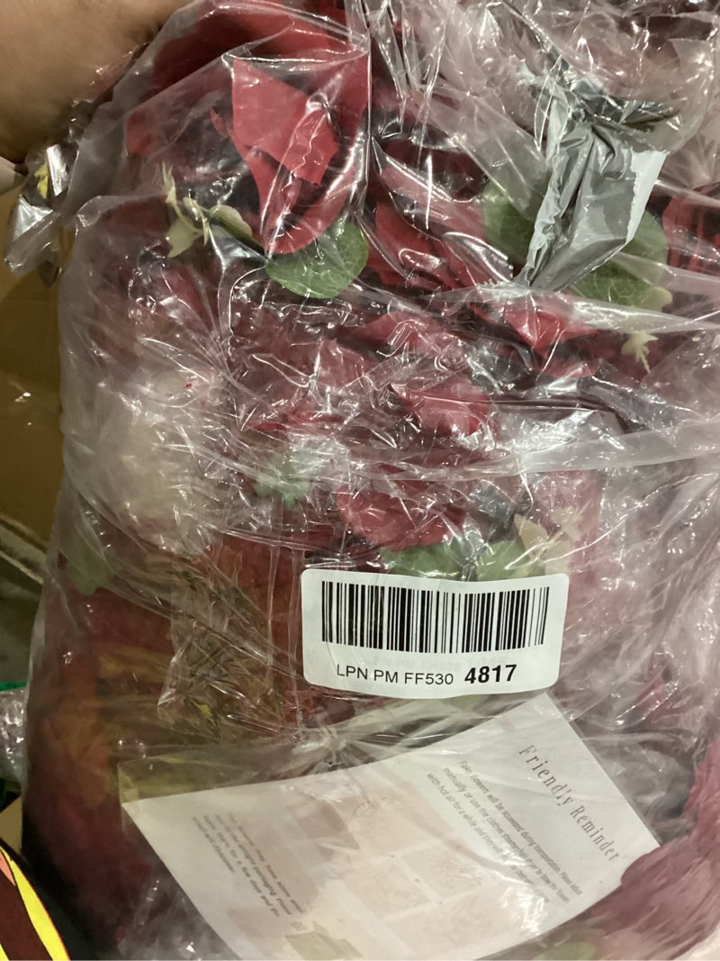 Condition photo showing As Is for HyeFlora 50 PCS Red Roses Artificial Flowers, Fake Roses with Stems Realistic Silk Roses for DIY Wedding Bouquets Tables Centerpieces Arrangements Party Baby Shower Birthday Home Decor Gift for Her