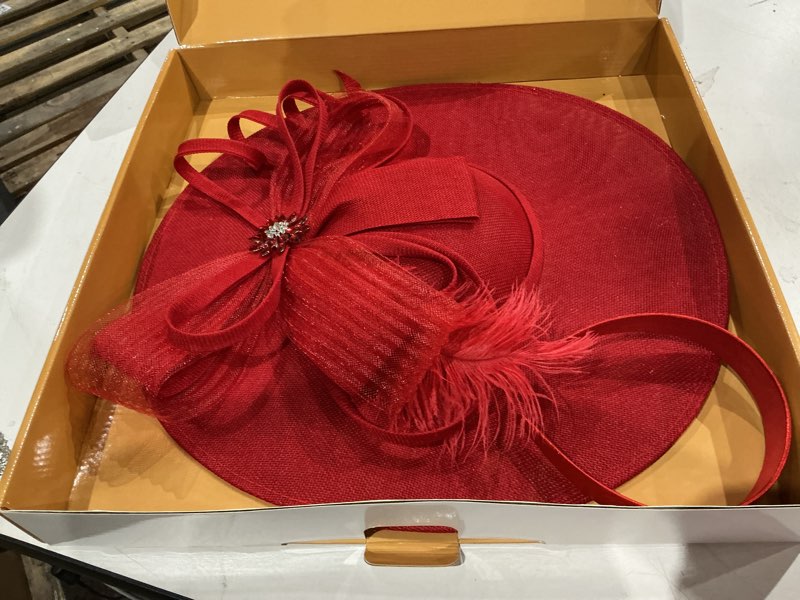Condition photo showing Good Condition for dressfan fascinator hats for women,20s 50s linen vintage hat for derby/church/wedding/cocktail/tea party red