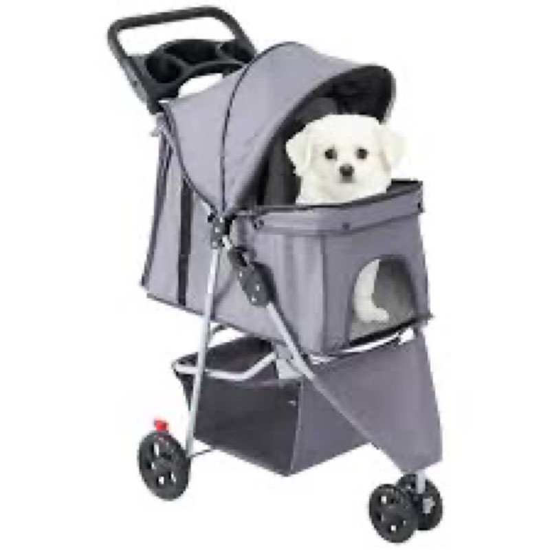 DUMOS 3 Wheels Pet Stroller for Small Dogs and Cats – Foldable Dog Stroller with Mesh Windows, Storage Basket & Cup Holder, Lightweight & Durable Pet Carrier for Travel, Outdoor Use – Grey Grey 3 Wheels