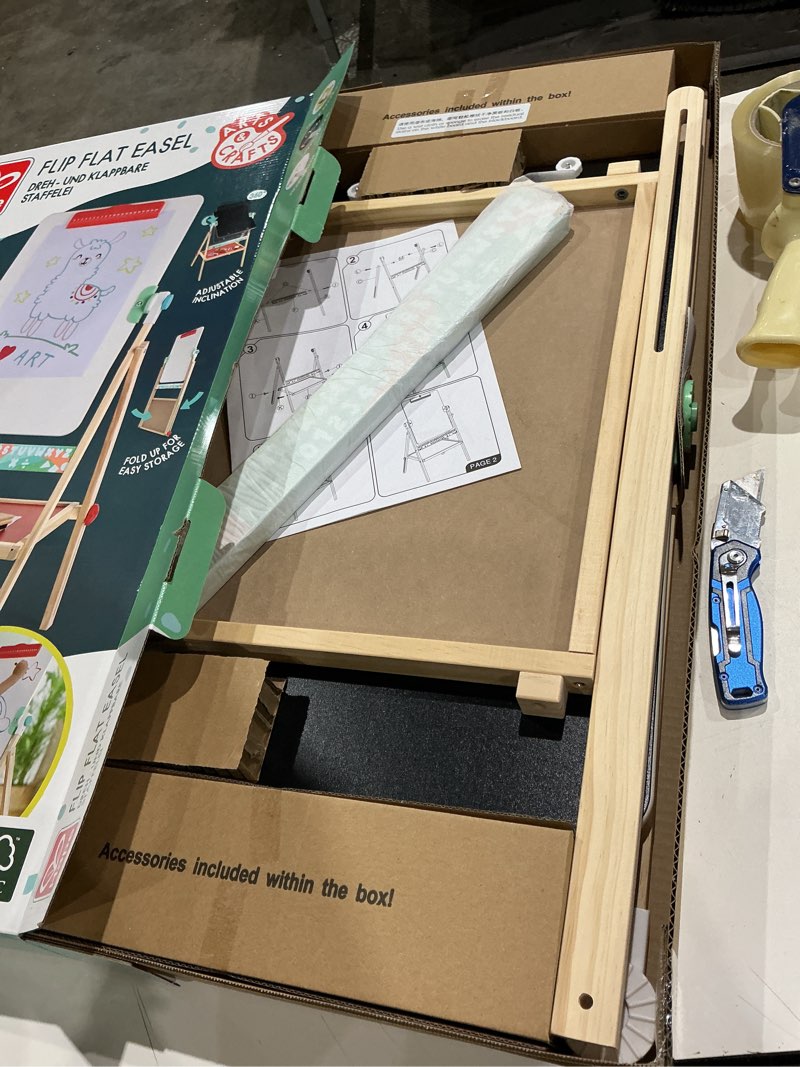 Condition photo showing Good Condition for hape standing flip flat 2 sided kids artwork easel with chalk blackboard and marker whiteboard, includes 4 chalks, 2 marker pens, and one board rubber