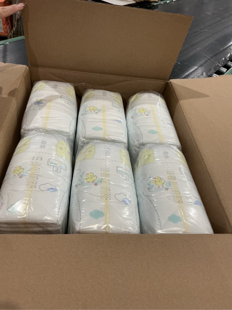Condition photo showing New/Like New for pampers swaddlers diapers, size 3 (13-26 lbs), 168 count, absorbent, keeps baby dry and comfortable, skin safe disposable baby diaper size 3 168