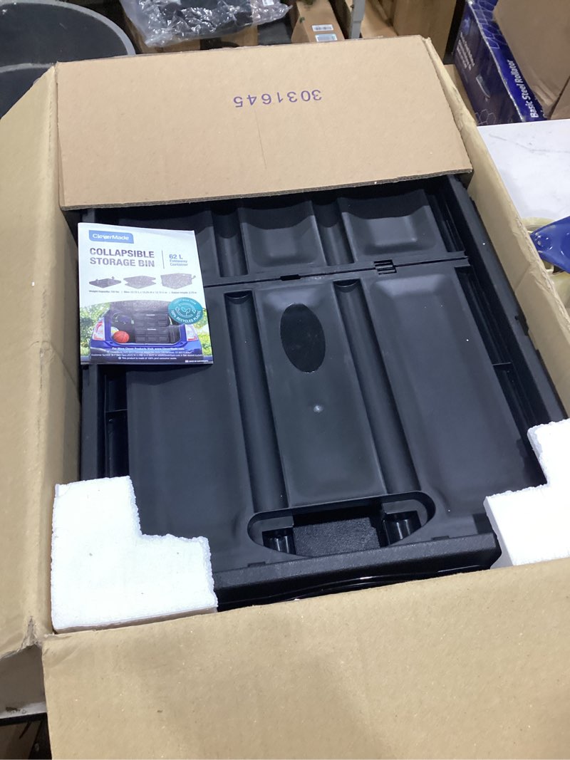 Condition photo showing As Is for CleverMade Collapsible Storage Bins - Obsidian 3 Pack 62L - Stackable Containers Heavy Duty Capacity Folding Crates - Space-Saving for Home Glossy Black - 62L - Pack of 3
