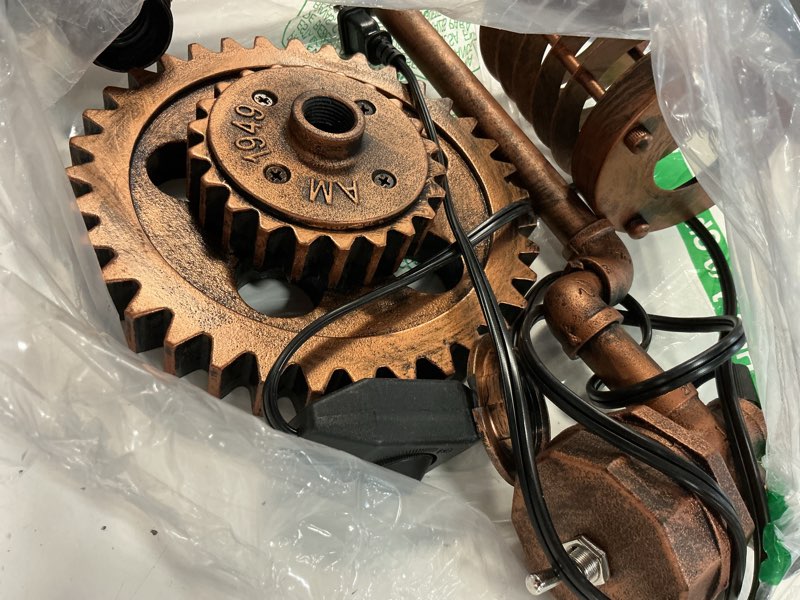 Condition photo showing As Is for loft style vintage metal dimmable table lamp with carbonized wood base, colosseum, steampunk industrial, night light, desk light, qtf-gy01