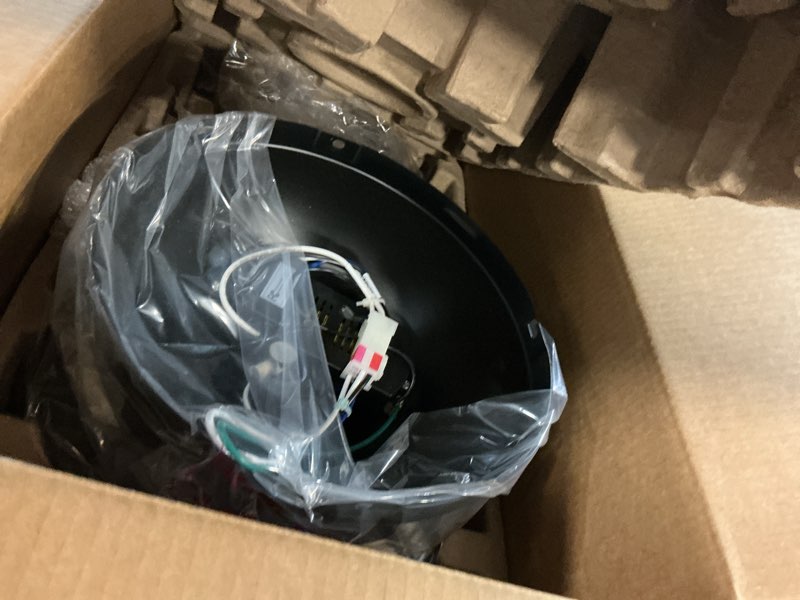 Condition photo showing As Is for harbor breeze mazon 44-in matte black with black/driftwood blades integrated led indoor flush mount ceiling fan with light and remote (3-blade)