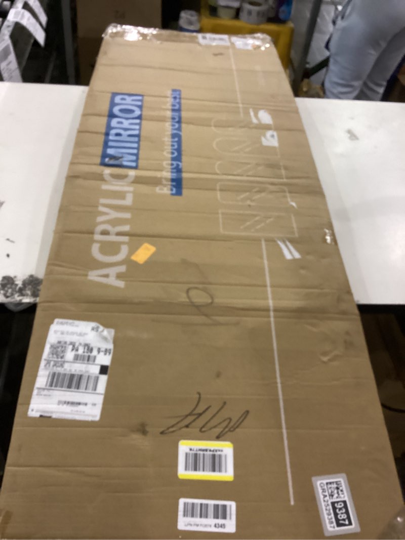 Condition photo showing As Is for acrylic full length mirror 20"x 63" non-bendable standing mirror with easy-adhere surface-ideal for bedrooms, living rooms, offices and more,lightweight, frameless and durable acrylic mirror panel arched 63"l x 20"w