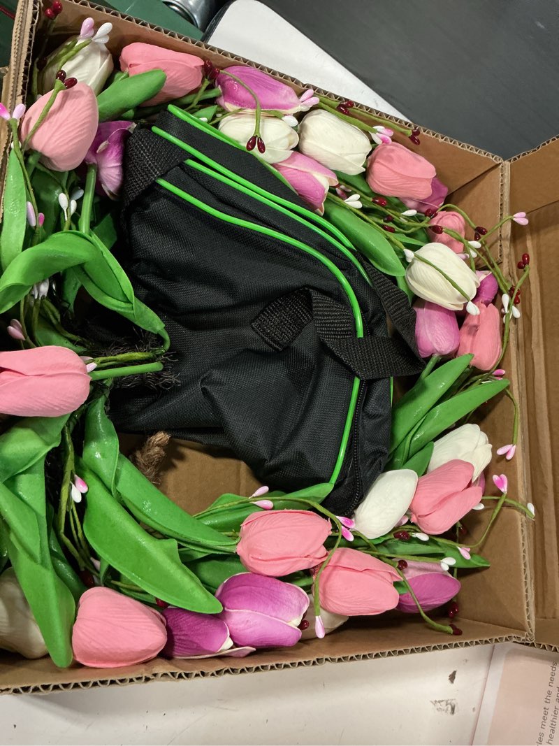 Condition photo showing Good Condition for 18in heart shaped tulip wreath with storage bag - artificial pink & white tulip floral wreath spring wreath for front door, wedding, mother's day, spring & summer home decor, indoor/outdoor use 18in heart tulip