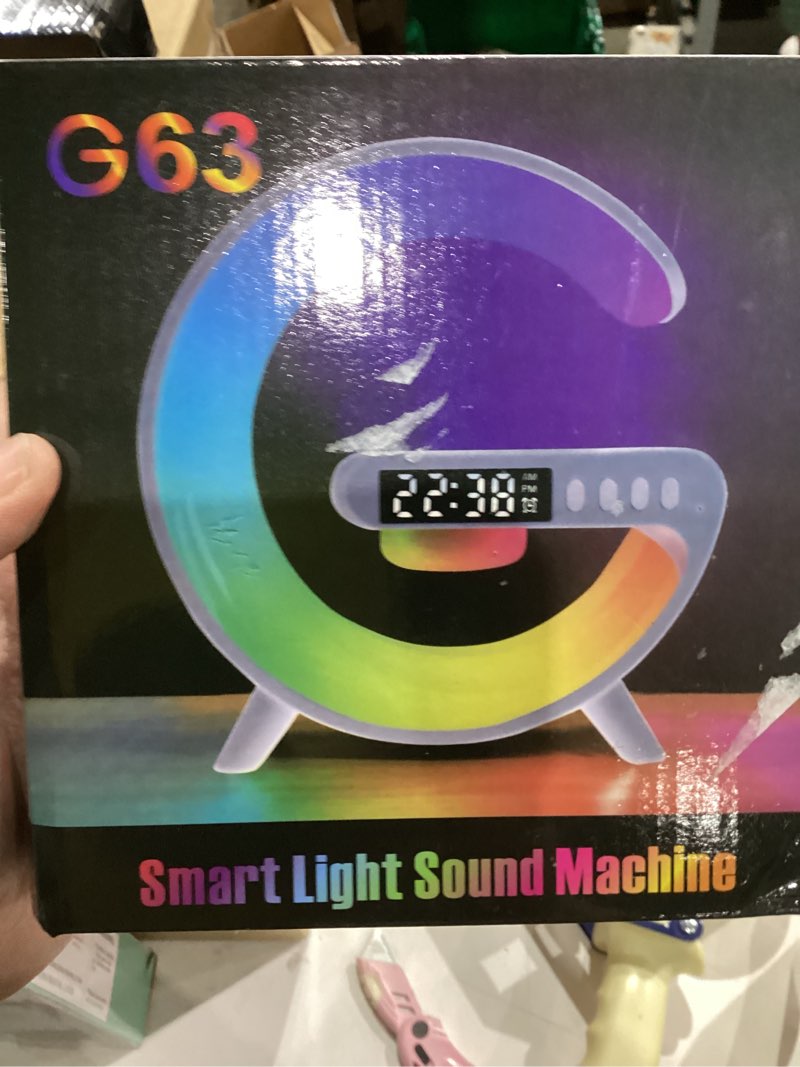 Condition photo showing New/Like New for LED Table Lamp with Wireless Charger, G Shaped Night Light Lamp with Bluetooth Speaker, Sunrise Alarm Clock, Smart Mini Atmosphere Lamp for Bedroom, Office, Living Area (White)