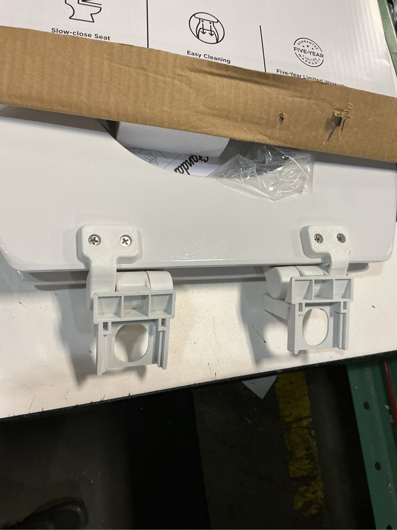 Condition photo showing As Is for American Standard Bedminster Wood White Elongated Soft Close Toilet Seat