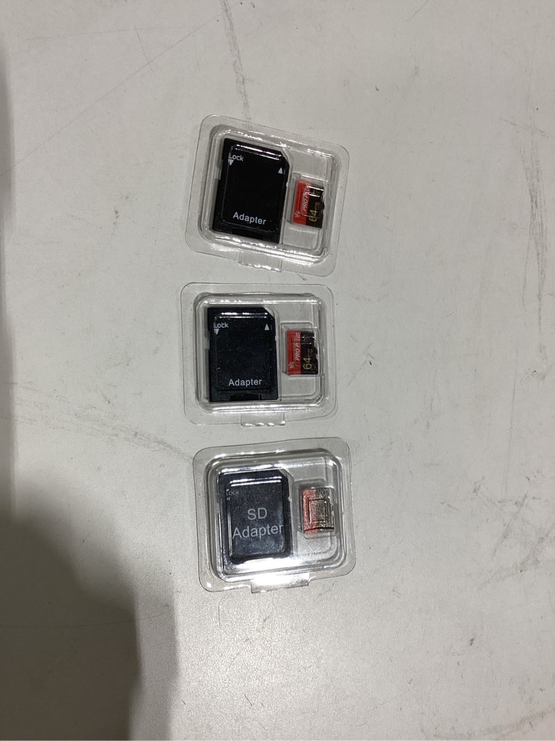 Condition photo showing As Is for 3 pack memory card 64gb with adapter, high speed tf card, uhs-i c10 a1 memory tf card for tablet/mobile phone/camera/car audio/game console (64gb-3 pack)