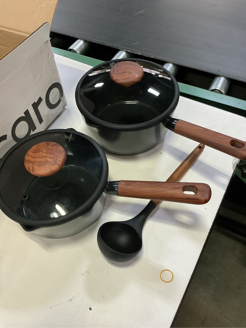 Condition photo showing Good Condition for carote 5pcs cookware set nonstick pots and pans set, ceramic cookware set induction cookware, non toxic healthy non stick kitchen cooking set, pfas ptfe free, black
