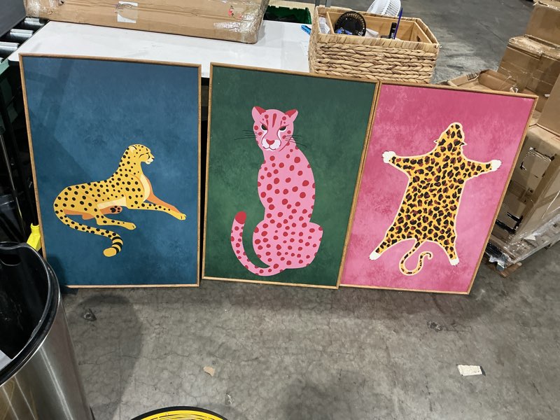 Condition photo showing Good Condition for ausril large boho cheetah animals framed canvas wall art set -16"x24"x3 | leopard preppy wall decor modern cats wall painting pink dot cartoon art print for living room bedroom dinning room office